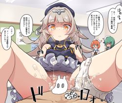 Rule 34 | 1boy, 3girls, akaino (akaomi), aulick (azur lane), azur lane, bare shoulders, beret, bloomers, bloomers around one leg, blue hat, blush, breasts, censored, closed mouth, covering own mouth, cum, cum in pussy, dress, eyebrows, feathers, foote (azur lane), frilled dress, frills, frown, gloves, gold trim, green eyes, green hair, hair ornament, hairclip, hand over own mouth, hat, hat feather, headpiece, heart, hetero, indoors, long hair, moomin, moomintroll, multiple girls, novelty censor, orange eyes, orange hair, popped collar, purple dress, reichsadler, sailor collar, sex, short hair, silver hair, sleeveless, sleeveless dress, small breasts, solo focus, speech bubble, spread legs, text focus, thick eyebrows, translation request, turtleneck, underwear, vaginal, white bloomers, white gloves, white hat, z46 (azur lane)