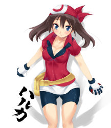 Rule 34 | 1girl, bandana, bike shorts, blue eyes, breasts, brown hair, cleavage, covered erect nipples, cowboy shot, creatures (company), female focus, game freak, gloves, gluteal fold, hat, hip focus, holding, holding poke ball, imazon, impossible clothes, impossible shirt, japanese text, may (pokemon), nintendo, no bra, poke ball, pokemon, shirt, simple background, skindentation, skirt, smile, solo, thigh gap, thighs, white background, white skirt, wide hips