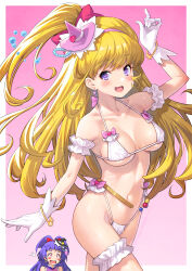 Rule 34 | 2girls, :d, alternate costume, arm up, bikini, blonde hair, blush, bow, bracelet, breasts, cleavage, collarbone, cowboy shot, cure magical, cure miracle, gloves, hair bow, hairband, halterneck, hat, high side ponytail, highleg, highleg bikini, highres, jewelry, kazuma muramasa, long hair, mahou girls precure!, medium breasts, mini hat, multiple girls, navel, open mouth, pink hairband, pink headwear, precure, purple eyes, purple hair, red bow, sideboob, smile, solo focus, standing, swimsuit, thigh strap, underboob, undersized clothes, very long hair, white bikini, white gloves, witch hat