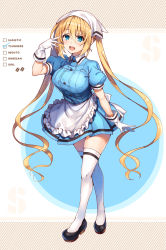 Rule 34 | 1girl, :d, apron, arm up, black footwear, blend s, blonde hair, blue eyes, blue shirt, blue skirt, blush, breasts, collared shirt, commentary request, frilled apron, frills, gloves, hair between eyes, head scarf, highres, hinata kaho, large breasts, long hair, open mouth, pleated skirt, puffy short sleeves, puffy sleeves, raiou, shirt, shoes, short sleeves, skirt, smile, solo, standing, thighhighs, twintails, very long hair, waist apron, white apron, white gloves, white thighhighs