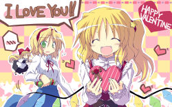 Rule 34 | 2girls, :d, :o, ^ ^, alice margatroid, blonde hair, checkered background, closed eyes, english text, closed eyes, fangs, female focus, flandre scarlet, flying sweatdrops, gift, green eyes, happy, happy valentine, heart, highres, multiple girls, no headwear, no headwear, open mouth, satou kibi, shanghai doll, short hair, side ponytail, smile, spoken blush, star (symbol), touhou, valentine, wings