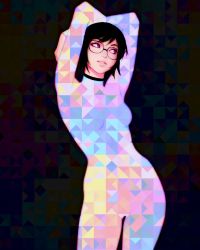 Rule 34 | 1girl, arms up, black background, black hair, bodysuit, breasts, covered collarbone, cowboy shot, double exposure, glasses, highres, ilya kuvshinov, lips, original, parted lips, purple eyes, short hair, small breasts, smile, solo, turtleneck