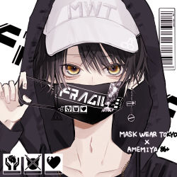 Rule 34 | 1boy, black hair, brown eyes, cover, ear piercing, earrings, fake magazine cover, hat, highres, jewelry, looking at viewer, magazine cover, male focus, mask, mouth mask, myuhuaki, original, pale skin, piercing, solo
