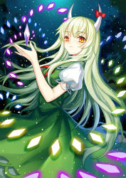 Rule 34 | 1girl, bare arms, bow, closed mouth, danmaku, dress, ex-keine, green dress, green hair, highres, horn bow, horn ornament, horns, kamishirasawa keine, long hair, looking at viewer, mirror (xilu4), night, night sky, outdoors, puffy short sleeves, puffy sleeves, short sleeves, single horn, sky, solo, touhou, wavy hair, yellow eyes