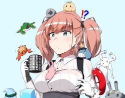 Rule 34 | !?, 1girl, anchor hair ornament, aqua eyes, atlanta (kancolle), black skirt, blouse, blue background, borrowed character, breasts, brown hair, character request, coffee mug, cup, dress shirt, earrings, enemy lifebuoy (kancolle), garter straps, gloves, hair ornament, high-waist skirt, highres, holding, holding cup, jewelry, jiji (aardvark), kantai collection, large breasts, little blue whale (kancolle), long hair, long sleeves, mug, rabbit, rensouhou-chan, shirt, simple background, skirt, star (symbol), star earrings, sugamo (rainysnowy108), suspender skirt, suspenders, the yuudachi-like creature, two side up, upper body, white gloves, white shirt, zuiun (kancolle)