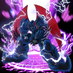 Rule 34 | arm blade, armor, aura, ayachu (getter robo artist), black background, blue armor, blue eyes, colored sclera, energy, getter robo, getter robo (1st series), god getter, highres, horns, hunched over, joints, lightning, looking at viewer, magic circle, mecha, mechanical horns, mechanical wings, no humans, ornate armor, purple lightning, red stripes, red wings, robot, robot joints, shin getter robo vs neo getter robo, spikes, super robot, weapon, wings, yellow sclera