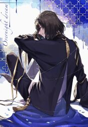 Rule 34 | 1boy, absurdres, alternate costume, black hair, black jacket, black pantyhose, blue eyes, crown, english text, fate/grand order, fate (series), from behind, full body, head wreath, highres, indian style, jacket, long sleeves, looking at viewer, looking back, male focus, medium hair, no wings, noraillust, oberon (fate), oberon (third ascension) (fate), pantyhose, profile, shirt, sitting, solo, white shirt