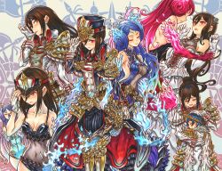 Rule 34 | 1boy, 2girls, alternate costume, bare shoulders, blue fire, blue hair, breasts, brighid (xenoblade), brother and sister, brown hair, cleavage, closed eyes, collarbone, covered navel, dress, fire, hat, highres, large breasts, long hair, looking at viewer, medium breasts, military, military hat, military uniform, morag ladair (obligatory leave) (xenoblade), morag ladair (xenoblade), multiple girls, multiple persona, niall ardanach, nintendo, one-piece swimsuit, orca (h9454cl6reg), peaked cap, siblings, swimsuit, uniform, very long hair, xenoblade chronicles (series), xenoblade chronicles 2, yuri
