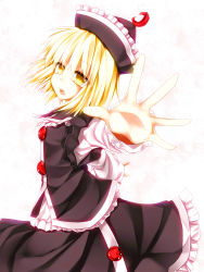 Rule 34 | 1girl, blonde hair, female focus, foreshortening, hat, highres, kazetto, lunasa prismriver, open mouth, outstretched arm, outstretched hand, short hair, solo, standing, touhou, white background, yellow eyes