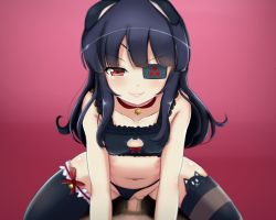 Rule 34 | 1boy, 1girl, bell, black hair, breasts, cat cutout, choker, clothing aside, clothing cutout, collarbone, cowgirl position, drawfag, eyepatch, girl on top, hetero, highres, lace trim, lips, long hair, mirai (senran kagura), navel, panties, panties aside, penis, red eyes, ribbon, senran kagura, sex, small breasts, smile, straddling, striped clothes, striped thighhighs, tagme, thighhighs, uncensored, underwear