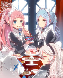Rule 34 | 4girls, apron, armor, blue eyes, blue hair, blunt bangs, blush, cake, closed eyes, corrin (female) (fire emblem), corrin (fire emblem), curtains, eating, felicia (fire emblem), fire emblem, fire emblem fates, flora (fire emblem), food, hair between eyes, hairband, indoors, jewelry, lilith (fire emblem), long hair, maid, maid apron, maid headdress, multiple girls, nintendo, pendant, pink hair, pointy ears, ponytail, rojiura-cat, siblings, sidelocks, sisters, smile, twins, twintails, veil, window