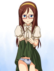 Rule 34 | 1girl, blouse, blue background, blue eyes, blue panties, blush, bow, bow panties, bowtie, brown hair, brown shirt, clothes lift, commentary request, cowboy shot, crotch seam, furusawa yoriko, glasses, gluteal fold, gradient background, green skirt, hairband, idolmaster, idolmaster cinderella girls, lielos, lifted by self, long hair, looking at viewer, medium skirt, mole, mole under eye, panties, parted lips, puffy short sleeves, puffy sleeves, rectangular eyewear, red-framed eyewear, shirt, short sleeves, skirt, skirt lift, solo, standing, thigh gap, underwear, yellow hairband