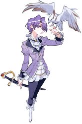 Rule 34 | 1girl, bird, blue pantyhose, boots, breasts, coat, dress, eiyuu densetsu, falcon, full body, highres, kloe rinz, long sleeves, looking at viewer, neckerchief, pantyhose, purple eyes, purple hair, rapier, scabbard, sheath, sheathed, short dress, short hair, simple background, small breasts, solo, sora no kiseki, standing, sword, towtow redoland, weapon, white background, white footwear