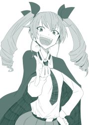 Rule 34 | &gt;:d, 10s, 1girl, :d, anchovy (girls und panzer), belt, birii, cape, drill hair, female focus, girls und panzer, green theme, hair ribbon, hand on own hip, long hair, long sleeves, looking at viewer, monochrome, necktie, open mouth, ribbon, school uniform, shirt, simple background, skirt, smile, solo, teeth, twin drills, twintails, uniform, v-shaped eyebrows, white background