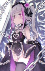 Rule 34 | 1girl, aged down, black thighhighs, blunt bangs, blush, breasts, chain, eternity (last origin), goth fashion, gothic lolita, grey hair, hairband, highres, last origin, lolita fashion, lolita hairband, long hair, looking at viewer, mer (mer3in), multicolored hair, navel, purple eyes, purple hair, skindentation, skirt hold, small breasts, solo, thighhighs