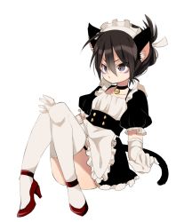 Rule 34 | 1boy, alternate costume, animal ears, apron, bell, black hair, buttons, cat boy, cat ears, cat tail, choker, crossdressing, dress, eyes visible through hair, folded ponytail, frills, full body, grey eyes, hair between eyes, hair ribbon, high heels, highres, kemonomimi mode, long hair, maid headdress, male focus, neck bell, one-punch man, onsoku no sonic, puffy short sleeves, puffy sleeves, red footwear, ribbon, seitarou, shoes, short sleeves, simple background, sitting, solo, tail, trap, waist apron, white apron, white background, white legwear, white ribbon