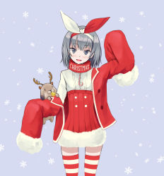 Rule 34 | 1girl, alternate costume, antlers, bell, blue eyes, blue hair, blush, bow, candy, candy cane, christmas, clothes down, drawfag, food, fur trim, grey hair, hair bow, hairband, high waist, highres, hijiribashi kirika, horns, jacket, long sleeves, looking at viewer, matching hair/eyes, non-web source, off shoulder, oversized clothes, parted lips, pas (paxiti), patterned legwear, rabbit, red &amp; white, red jacket, reindeer antlers, seitokai tantei kirika, short hair, simple background, skirt, smile, snowflakes, solo, standing, striped clothes, striped thighhighs, thighhighs, two-tone stripes, zettai ryouiki
