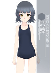 Rule 34 | 1girl, alternate costume, arare (kancolle), arms at sides, artist name, black hair, black one-piece swimsuit, blunt bangs, blush, brown eyes, character name, collarbone, commentary request, cowboy shot, eyes visible through hair, flat chest, frown, highres, inaba shiki, kantai collection, looking at viewer, new school swimsuit, one-hour drawing challenge, one-piece swimsuit, school swimsuit, short hair, simple background, solo, swimsuit, white background
