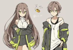 Rule 34 | 1boy, 1girl, adele (fate), black jacket, black skirt, brother and sister, brown hair, contemporary, fate/grand order, fate (series), green eyes, grey background, grey pants, hair between eyes, jacket, jewelry, long hair, looking at viewer, makarios (fate), necklace, off shoulder, open clothes, open jacket, pants, ring, satoimo (3311 mi), shirt tucked in, short hair, siblings, simple background, sketch, skirt, sleeveless, tank top, turtleneck, twitter username, white tank top