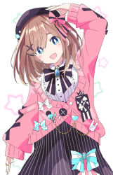 Rule 34 | 1girl, aqua bow, beret, blue eyes, bow, bright pupils, brooch, brown hair, cardigan, center frills, commentary request, frilled shirt, frills, hair bow, hair ornament, hairclip, hat, ixy, jewelry, long sleeves, looking at viewer, nijisanji, open mouth, pink bow, pink cardigan, purple bow, purple hat, purple skirt, ring, shirt, skirt, sleeves past wrists, smile, solo, star (symbol), starry background, striped clothes, striped shirt, suzuhara lulu, suzuhara lulu (1st costume), vertical-striped clothes, vertical-striped shirt, virtual youtuber, white background, white pupils, white shirt, x hair ornament