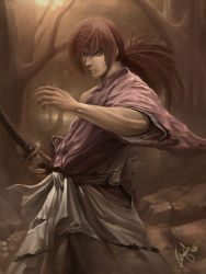 Rule 34 | 1boy, absurdres, battoujutsu stance, brown eyes, brown hair, ceasar ian muyuela, facial scar, fighting stance, forest, highres, himura kenshin, japanese clothes, long hair, male focus, manly, nature, ponytail, ready to draw, rurouni kenshin, scar, scar on cheek, scar on face, serious, sheath, sheathed, signature, solo, sword, tree, weapon