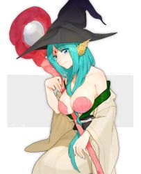 Rule 34 | 1girl, aqua hair, bad id, bad twitter id, bare shoulders, blue eyes, breasts, circlet, cleavage, copyright request, hat, highres, kikomo, long hair, looking at viewer, magi the labyrinth of magic, seashell, shell, smile, solo, staff, very long hair, witch hat, yamuraiha