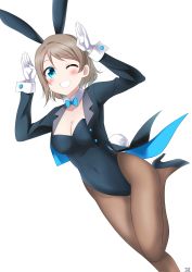 Rule 34 | 1girl, absurdres, animal ears, black bow, black bowtie, black coat, black footwear, black leotard, black pantyhose, blue eyes, bow, bowtie, breasts, cleavage, coat, covered navel, detached collar, fake animal ears, gloves, grey hair, grin, high heels, highleg, highleg leotard, highres, leotard, looking at viewer, love live!, love live! sunshine!!, medium breasts, pantyhose, playboy bunny, rabbit ears, rabbit pose, rabbit tail, short hair, simple background, smile, solo, strapless, strapless leotard, tail, tailcoat, watanabe you, white background, white gloves, zero-theme