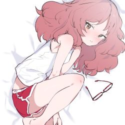 1girl, bare legs, bare shoulders, barefoot, bed sheet, blush, breasts, brown eyes, closed mouth, copyright request, ddari, dolphin shorts, eyewear removed, feet out of frame, from above, from side, highres, looking at viewer, looking to the side, lying, on bed, on side, red hair, red shorts, shirt, shorts, small breasts, smile, solo, white shirt