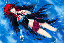 Rule 34 | 10s, 1girl, blue eyes, eviny, high school dxd, long hair, lying, navel, necktie, panties, partially submerged, red hair, rias gremory, school uniform, smile, solo, underwear, water, wet, wet clothes