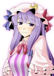 Rule 34 | 1girl, blush, bow, breasts, crescent, dress, female focus, hair bow, hat, long hair, mizuno asami, patchouli knowledge, purple eyes, purple hair, ribbon, smile, solo, touhou, upper body