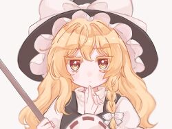 Rule 34 | 2girls, :t, black headwear, black vest, blonde hair, blush, bow, broom, closed mouth, commentary, frilled hat, frills, hair between eyes, hair bow, hakurei reimu, hand on another&#039;s chin, hat, holding, holding broom, kirisame marisa, light blush, long sleeves, looking at another, looking at viewer, multiple girls, nagomi, out of frame, pov, pov hands, puffy short sleeves, puffy sleeves, short sleeves, symbol-only commentary, touhou, vest, white bow, white sleeves, white undershirt, witch hat, yellow eyes