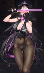 Rule 34 | 1girl, bare shoulders, baton, black gloves, black hair, black hat, black panties, blush, bodystocking, breasts, cleavage, covered navel, earrings, facial mark, fate/grand order, fate (series), fellatio gesture, fingerless gloves, fishnets, forehead mark, gloves, halterneck, hat, highres, jewelry, large breasts, long hair, looking at viewer, multicolored hair, necktie, open mouth, panties, parted bangs, pink hair, pink necktie, police hat, ponytail, sessyoin kiara, sessyoin kiara (swimsuit mooncancer), sessyoin kiara (swimsuit mooncancer) (second ascension), sexually suggestive, solo, streaked hair, teira, thighs, tongue, tongue out, underwear, very long hair, yellow eyes