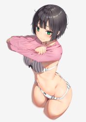 Rule 34 | 1girl, bad id, bad pixiv id, blush, bow, bow bra, bow panties, bra, breasts, brown hair, closed mouth, clothes lift, collarbone, commentary request, cropped legs, green eyes, grey background, highres, lifting own clothes, long sleeves, looking at viewer, medium breasts, original, panties, pink sweater, reinama, short hair, simple background, sleeves past wrists, solo, striped bra, striped clothes, striped panties, sweater, sweater lift, underwear, vertical-striped bra, vertical-striped clothes, vertical-striped panties, white bra, white panties
