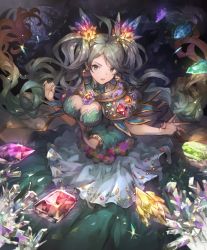Rule 34 | 1girl, :o, antenna hair, artist request, breasts, cleavage, cleavage cutout, clothing cutout, crystal, de la fille, gem, glint, gloves, granblue fantasy, green eyes, green hair, hair ornament, jewelry, large breasts, long hair, looking at viewer, looking up, multicolored hair, navel, official art, open mouth, shadowverse, solo, sparkle, standing, swept bangs, tagme, twintails, very long hair