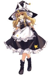 Rule 34 | 1girl, apron, bad id, bad twitter id, blonde hair, blush, boots, bow, braid, full body, grin, hair bow, hair ornament, hat, hat ribbon, highres, kirisame marisa, long hair, long sleeves, puffy sleeves, ribbon, sanpa, shirt, short sleeves, side braid, simple background, single braid, skirt, skirt hold, skirt set, smile, solo, star (symbol), touhou, vest, waist apron, white background, witch hat, wrist cuffs, yellow eyes