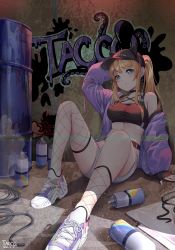 Rule 34 | 1girl, animal ears, arm up, asymmetrical legwear, bad id, bad pixiv id, baseball cap, belt, black belt, blonde hair, blue eyes, blush, breasts, cat ears, choker, commentary request, copyright request, earrings, fake animal ears, fishnet kneehighs, fishnets, graffiti, hat, highres, jacket, jewelry, kneehighs, long hair, long sleeves, midriff, off-shoulder jacket, off shoulder, outdoors, ponytail, shoes, shorts, single kneehigh, single sock, single thighhigh, sitting, sleeves past wrists, sneakers, socks, solo, sunlight, tacco (tikeworld), thighhighs, uneven legwear, white shorts