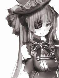 Rule 34 | 1girl, bad id, bad pixiv id, breasts, brown theme, cleavage, detached sleeves, eyepatch, flower, gloves, hand up, hat, hat flower, highres, hololive, houshou marine, long hair, long sleeves, looking at viewer, monochrome, nanashi (nlo), negative space, one eye covered, parted lips, rose, see-through, see-through cleavage, simple background, smile, solo, top hat, twintails, upper body, virtual youtuber, white background
