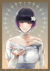 Rule 34 | 1girl, artist name, bandaged arm, bandaged neck, bandages, bare shoulders, black hair, blood, bloody bandages, blush, breasts, character name, collarbone, commentary, filha, flower, girls&#039; frontline, hair flower, hair ornament, hand grab, hand on own chest, highres, looking at viewer, machlian (girls&#039; frontline), medium breasts, multicolored hair, open mouth, parted lips, purple hair, revision, shirt, short hair, solo, streaked hair, upper body, white shirt, yellow eyes