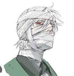 Rule 34 | 1boy, bandage on face, bandaged head, bandages, commentary request, devil may cry (series), formal, gilver, green suit, highres, jiaqizh92181163, red eyes, simple background, solo, suit, vergil (devil may cry), white hair