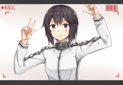 Rule 34 | &gt;:), 10s, 1girl, atatata71, bad id, bad pixiv id, black hair, blurry, blush, brown background, grey eyes, hayasui (kancolle), jacket, kantai collection, karikura (atatata71), letterboxed, long sleeves, looking at viewer, recording, short hair, simple background, smile, solo, track jacket, upper body, v-shaped eyebrows, viewfinder, w, zipper