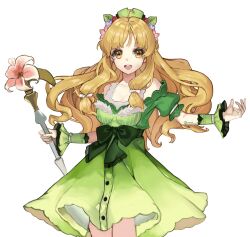 Rule 34 | 1girl, :d, absurdres, atelier (series), atelier ayesha, ayesha altugle, blonde hair, bow, breasts, brown eyes, cleavage, cowboy shot, dress, flower, green dress, green hat, hair flower, hair ornament, hat, highres, holding, holding staff, long hair, looking at viewer, medium breasts, off-shoulder dress, off shoulder, oguri (mongji 0415), open mouth, simple background, smile, solo, staff, standing, waist bow, white background, wrist cuffs