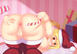 Rule 34 | 1girl, absurdres, all fours, anal, anal object insertion, anus, arms behind back, ass, ass focus, ass grab, ass juice, blonde hair, blush, box, breasts, candy, candy cane, christmas, christmas present, cleft of venus, dildo, female focus, female masturbation, food, gift, hand on own ass, hat, highres, holding, holding food, huge breasts, indoors, kikuhikae, looking at viewer, looking back, masturbation, medium hair, nitroplus, nude, object insertion, on ground, orange eyes, pink theme, presenting, presenting anus, pussy, red thighhighs, rug, santa costume, santa hat, sex toy, smile, solo, spread ass, striped, super pochaco, thick thighs, thighhighs, thighs, tile floor, tiles, twintails, wall, wide hips