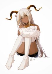 Rule 34 | 16400526, 1girl, animal ears, arknights, beeswax (arknights), beeswax (weisser sand) (arknights), black shorts, cardigan, closed mouth, commentary, crossed arms, curled horns, dark-skinned female, dark skin, dated, expressionless, full body, goat ears, goat girl, goat horns, hair between eyes, head tilt, highres, horns, long hair, looking at viewer, off shoulder, official alternate costume, short shorts, shorts, signature, silver hair, simple background, sitting, solo, symbol-only commentary, thighhighs, thighs, white background, white cardigan, white thighhighs, yellow eyes