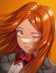 Rule 34 | 1girl, absurdres, blazer, bleach, bow, bowtie, dress shirt, eyelashes, floating hair, highres, inoue orihime, jacket, long hair, looking at viewer, one eye closed, orange background, orange hair, parted bangs, parted lips, portrait, red bow, red bowtie, school uniform, shirt, smile, solo, straight hair, waligner, white shirt, yellow eyes