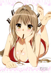 Rule 34 | 10s, 1girl, absurdres, amagi brilliant park, antenna hair, artist request, bare shoulders, barefoot, bikini, blush, body blush, bow, breasts, brown eyes, brown hair, cleavage, collarbone, eating, feet, food, hair bow, hair intakes, halterneck, heart, heart border, highres, large breasts, long hair, looking at viewer, lying, maruki nobuaki, official art, on stomach, pocky, pocky kiss, red bikini, scan, sento isuzu, shared food, shiny skin, soles, solo, swimsuit, toes, white background