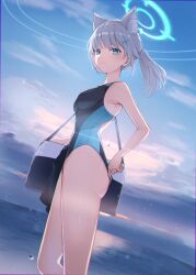 Rule 34 | 1girl, absurdres, animal ears, armpits, bag, bare legs, blue archive, blush, breasts, competition swimsuit, feet out of frame, grey hair, halo, highleg, highleg swimsuit, highres, honome sui, light smile, looking at viewer, looking to the side, medium breasts, mismatched pupils, official alternate costume, one-piece swimsuit, outdoors, ponytail, shiroko (blue archive), shiroko (swimsuit) (blue archive), shoulder bag, solo, swimsuit, two-tone one-piece swimsuit, wolf ears