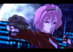 Rule 34 | &gt;:), 1girl, aiming, aiming at viewer, anime coloring, bad id, bad pixiv id, cityscape, contemporary, female focus, fingerless gloves, gloves, gun, hairband, handgun, heart, holding, holding gun, holding weapon, komeiji satori, letterboxed, moon, night, pandora-ex, pink eyes, pink hair, plaid, revolver, short hair, smirk, solo, third eye, touhou, unmoving pattern, v-shaped eyebrows, weapon