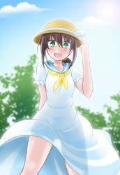 Rule 34 | 1girl, alternate costume, black hair, blue sky, cloud, commentary request, day, dress, fubuki (kancolle), gluteal fold, gradient background, green eyes, hat, ichimi, kantai collection, looking at viewer, low ponytail, neckerchief, open mouth, outdoors, ponytail, sailor dress, see-through silhouette, short ponytail, sidelocks, sky, smile, solo, sun hat, sundress, teeth, upper teeth only, white dress, yellow neckerchief