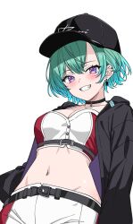 1girl baseball_cap belt black_belt black_choker black_hat black_jacket blush breasts bustier chest_belt choker cleavage clothes_writing commentary_request crop_top dangle_earrings earrings green_hair grin groin hat highres jacket jewelry looking_at_viewer marble_(ta55476457) medium_breasts midriff navel official_alternate_costume open_clothes open_jacket pants purple_eyes red_bustier red_pants short_hair simple_background smile solo teeth two-tone_bustier two-tone_pants virtual_youtuber vspo! white_background white_bustier white_pants yakumo_beni yakumo_beni_(4th_costume)
