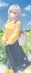 Rule 34 | 1girl, absurdres, bag, blue skirt, blue sky, blush, closed mouth, cloud, day, field, flower, flower field, green eyes, hair between eyes, heart, heart hands, highres, hololive, jewelry, long skirt, long sleeves, looking at viewer, medium hair, off-shoulder sweater, off shoulder, outdoors, ring, shirogane noel, shoulder bag, silver hair, skirt, sky, smile, solo, standing, sweater, tang-du, virtual youtuber, white flower, yellow flower, yellow sweater
